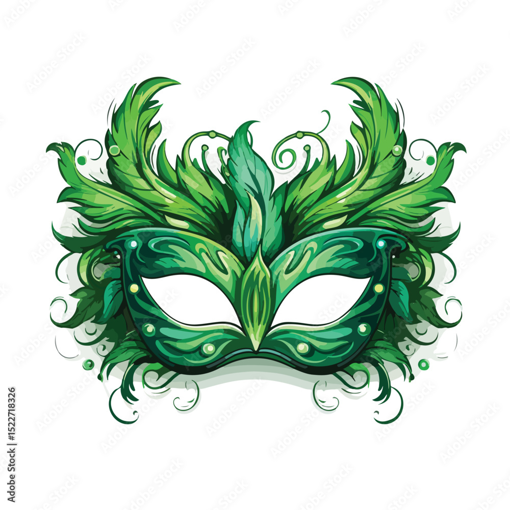 Green Carnival Mask with Feathers on White Background - Festive Costume Accessories for Masquerade Events and Parties