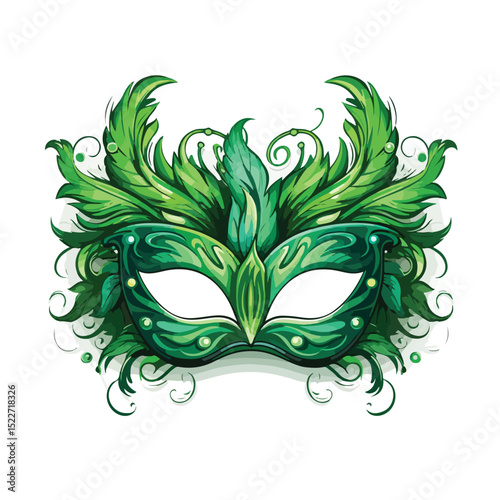 Green Carnival Mask with Feathers on White Background - Festive Costume Accessories for Masquerade Events and Parties