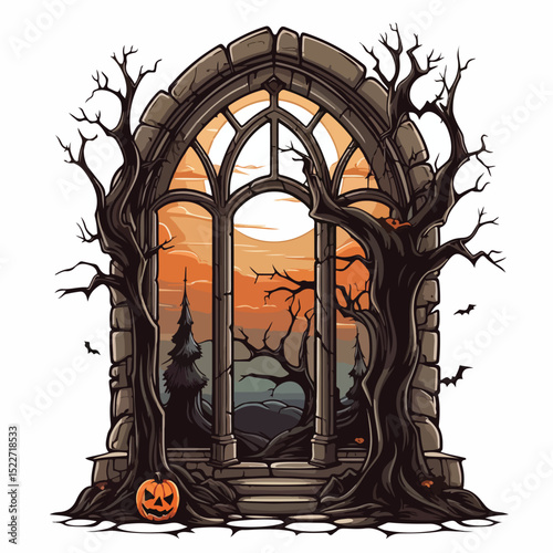 Spooky Halloween Castle Window Isolated Icon for Designs and Decorations
