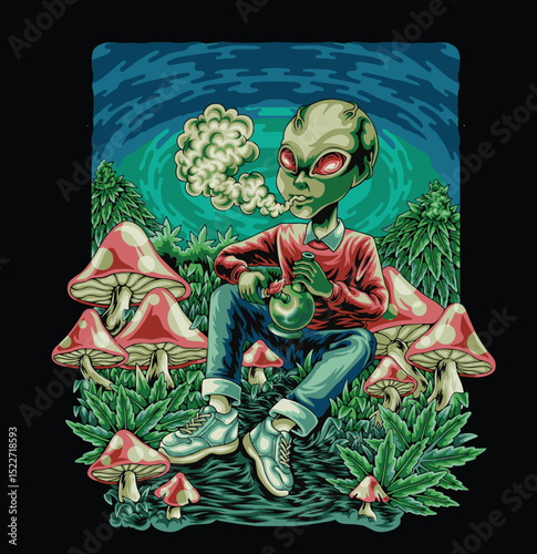 Alien smoking marijuana design  illustration with premium quality vector