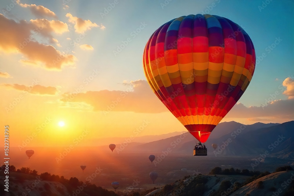 Obraz premium A vibrant hot air balloon ascends against a breathtaking sunrise, its colors radiating brilliance The scene evokes freedom, adventure, and the beauty of flight , golden hour, beautiful, daybreak