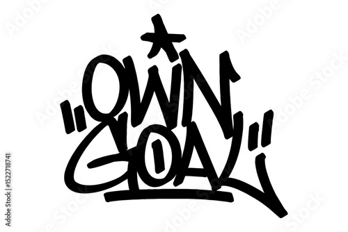 Graffiti tag “Own Goal” in bold black vector style. Urban street art with edgy lettering capturing intense football moments, perfect for sports themes, youth culture, and dynamic digital designs.