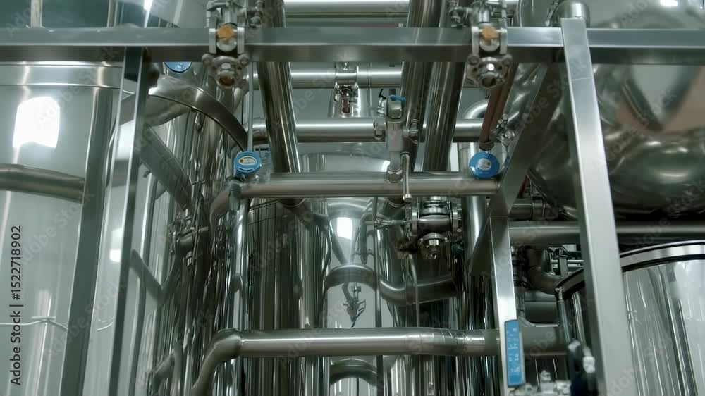 steel pipelines and industrial equipment in a modern brewery production line, creating a visual symphony of technological complexity