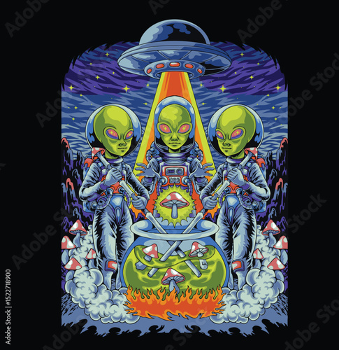 Alien cooking mushroom with ufo background illustration with premium quality vector