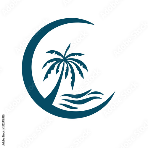 Tranquil Island Escape: A Serene Silhouette of Palm and Crescent Moon Design