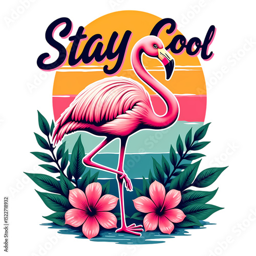 Pink Flamingo with Tropical Flowers and Sunset Background Stay Cool Message