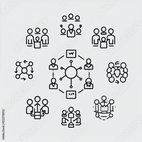 Illustration showing a network of people connected by lines and various team configurations around it created with generated ai