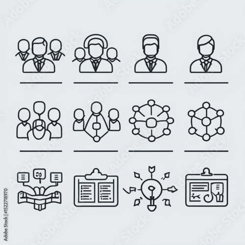 Collection of business icons including teamwork, networking, planning, and idea generation line art style created with generated ai