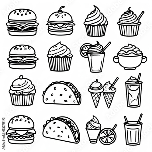 Collection of outlined food icons featuring burgers cupcakes tacos and ice cream in a monochrome style created with generated ai
