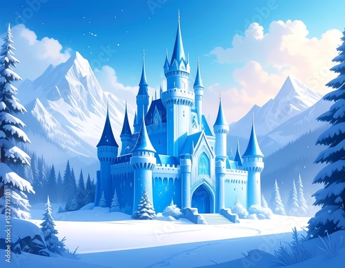Icy castle in snowy mountains