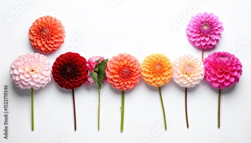 Colorful dahlia blooms in a row, various shades and arrangements on a clean white backdrop