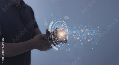Young man hand uses smartphone touching technology circle, Digital Connectivity, World of communication via modern networks and online systems via the Internet
