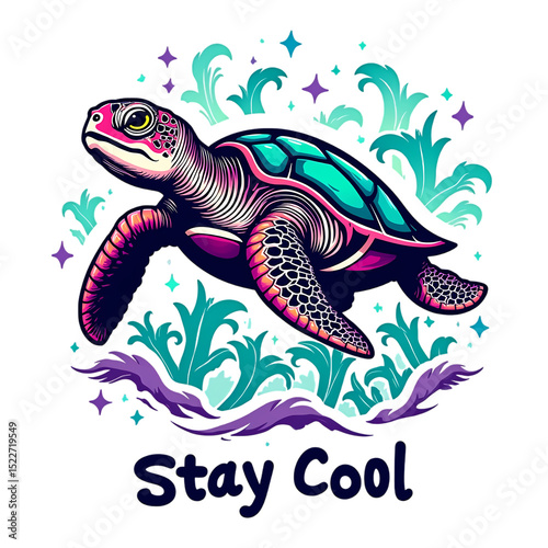 Colorful Sea Turtle Illustration with Abstract Plants and Stars on Black Background