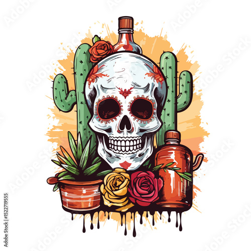 Mexican Celebrations: Cactus, Skull, and Tequila Bottle - Festive Cultural Elements