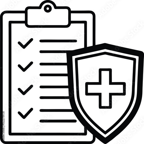 Medical checklist protected by shield icon healthcare safety and compliance