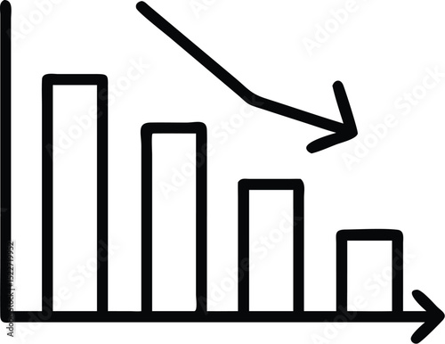 Declining bar chart graph icon showing business loss decrease and downward trend line illustration
