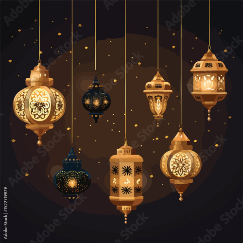Elegant Festive Lanterns Decoration with Hanging Golden Lamps Vector Illustration