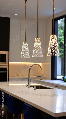 Modern and luxurious kitchen design with a central marble island and elegant pendant lights with openwork details that project light. The space is highlighted by minimalist cabinets and a touch of col