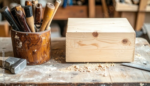 Wood box & tools on bench. Light wood grain, natural hues. Crafted, handmade scene on table