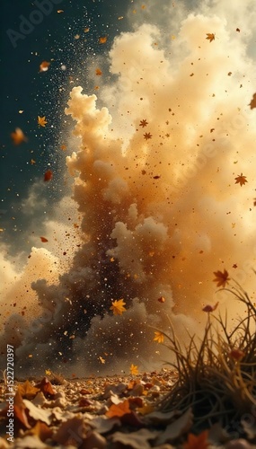 Close-up of powerful gusts of wind, swirling dust and leaves in a dramatic display of nature's raw energy Perfect for themes of strength, power, and the untamed wild , breath, storm