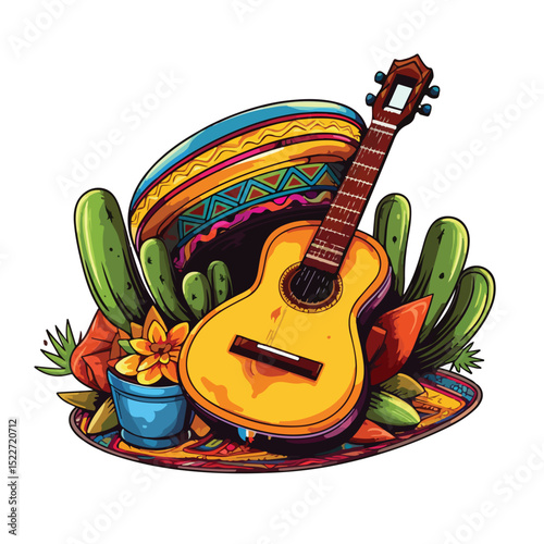 Traditional Mexican Culture and Cuisine Cartoons Illustration featuring Mariachi Band and Glass of Drink