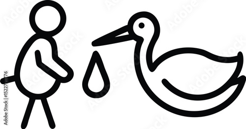 Stork delivering baby outline icon vector illustration for pregnancy and birth announcements design