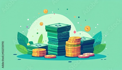 Stacks of cash and coins against a soft green background with foliage and floating shapes