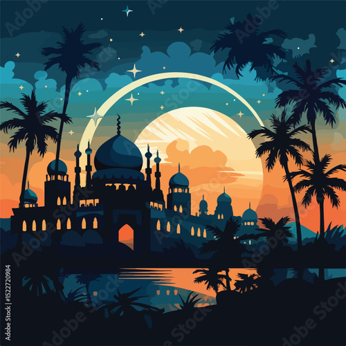 Elegant Mosque with Palm Trees Under Starry Night Sky Vector Illustration