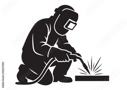 welding logo vector silhouette design, welder logo icon silhouette, vector silhouettes of workers welding metal, fabrication work vector silhouette logo design on white background