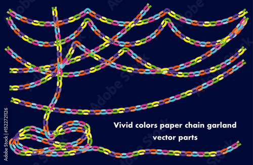 Vivid multicolored paper chain garland set on dark background, festive decoration vector parts for party, classroom, or holiday event