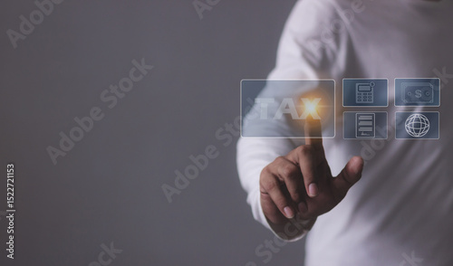 Man using smartphone, Tax online internet network, Tax Time, Offers online tax refund forms for paying taxes, Submitting tax forms online, Signing taxes online, Managing taxes via the internet network