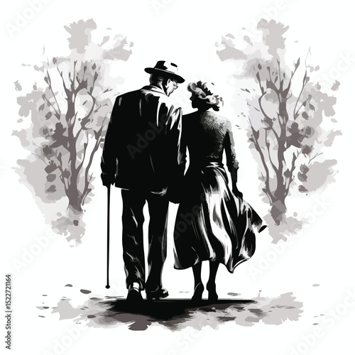 Elegant Black and White Vector Illustration of Old Couple and Woman Embracing Together