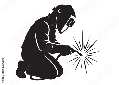 welding logo vector silhouette design, welder logo icon silhouette, vector silhouettes of workers welding metal, fabrication work vector silhouette logo design on white background