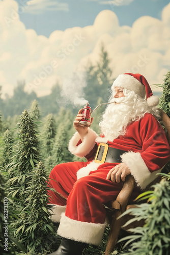 Relaxed Santa Claus smoking a pipe while sitting in a field of mature Cannabis plants under a cloudy sky.