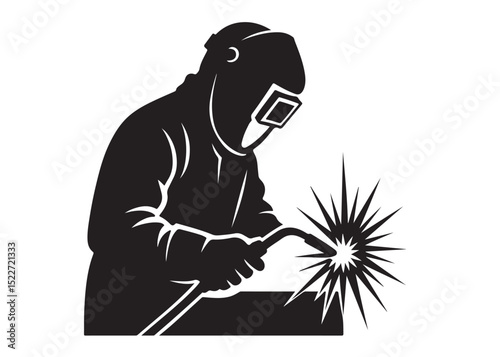 welding logo vector silhouette design, welder logo icon silhouette, vector silhouettes of workers welding metal, fabrication work vector silhouette logo design on white background