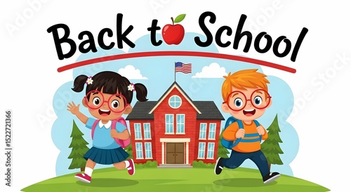 Cartoon “Back to School” Illustration with Children Running from Schoolhouse