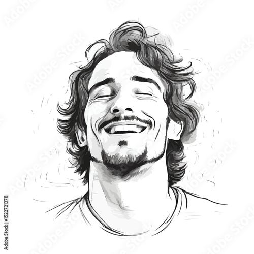 Professional Vector Illustration of a Happy Man Smiling with Outline Portrait Style