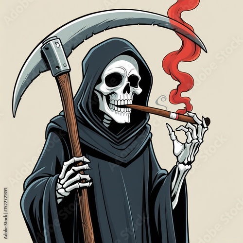 Grim Reaper smoking a cigar, holding a scythe