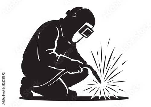 welding logo vector silhouette design, welder logo icon silhouette, vector silhouettes of workers welding metal, fabrication work vector silhouette logo design on white background
