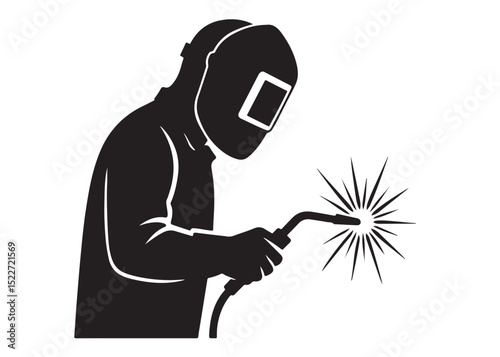 welding logo vector silhouette design, welder logo icon silhouette, vector silhouettes of workers welding metal, fabrication work vector silhouette logo design on white background