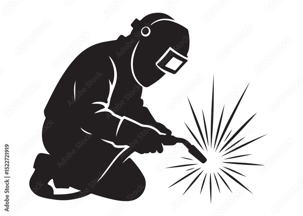 Fototapeta premium welding logo vector silhouette design, welder logo icon silhouette, vector silhouettes of workers welding metal, fabrication work vector silhouette logo design on white background