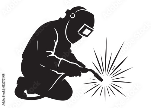 welding logo vector silhouette design, welder logo icon silhouette, vector silhouettes of workers welding metal, fabrication work vector silhouette logo design on white background