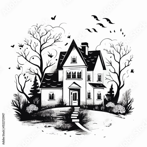 Professional Black and White Real Estate House Vector Illustration for Marketing Materials