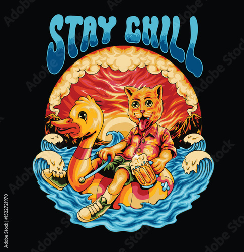 cat chill in the middle of the sea drinking beer vector illustration