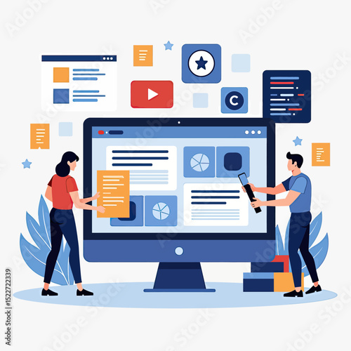 Flat concept of web builders working on a webpage layout using drag-and-drop tools, HTML code indicators, and browser mockup, ideal for tech tutorials, development platforms, and UI design content
