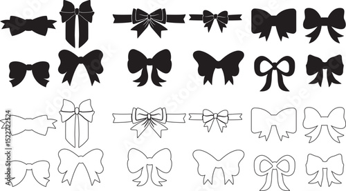 black and white,vector illustrations,silhouettes,bows,bow ties,ribbon bows,bow shapes,bow icons,elegant,minimalistic,modern,simple,line art,digital art
