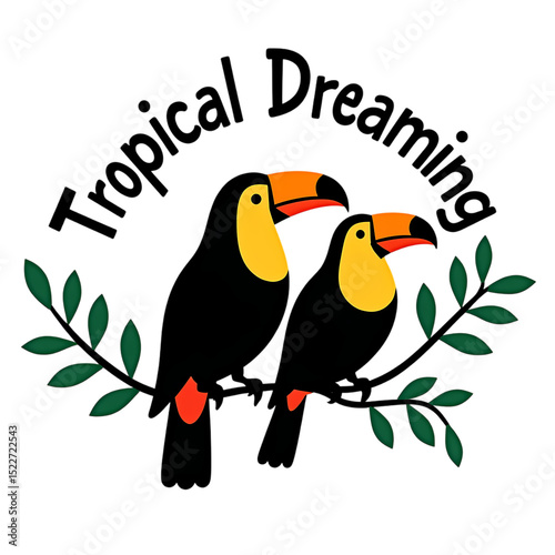 Two Toucans Perched on a Branch with Green Leaves on Black Background