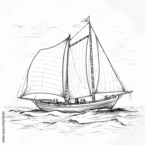 Professional Sketch Silhouette Illustration of Wooden Boat with Sail on Water