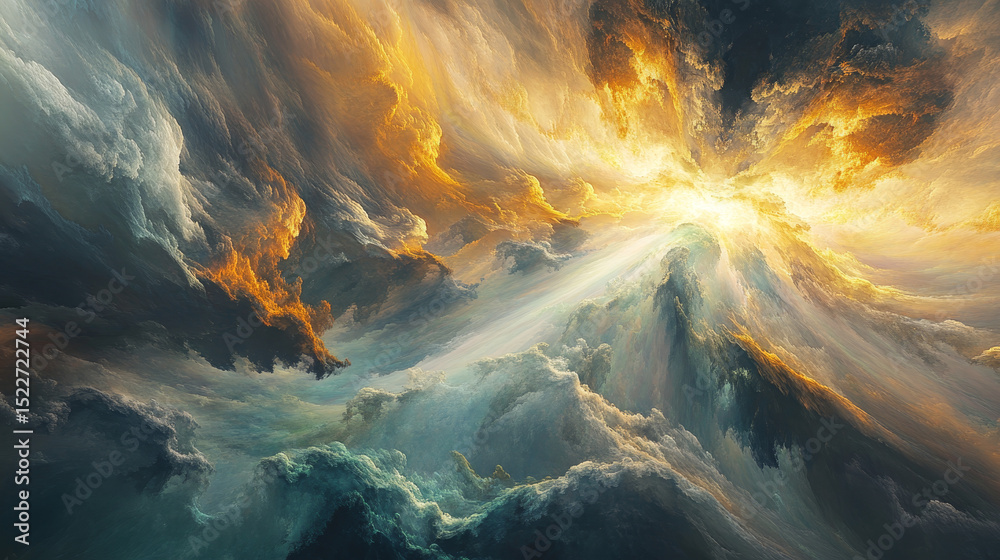 Naklejka premium Breakthrough Ideas: Abstract Light Rays Piercing Clouds Symbolizing Inspiration and Creative Illumination