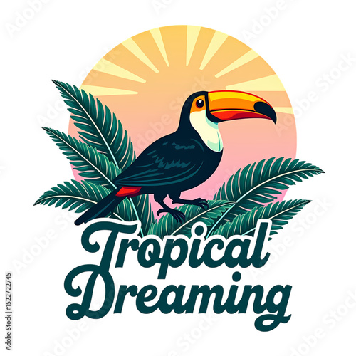 Tropical Dreaming Toucan Illustration with Palm Leaves and Sunset Background